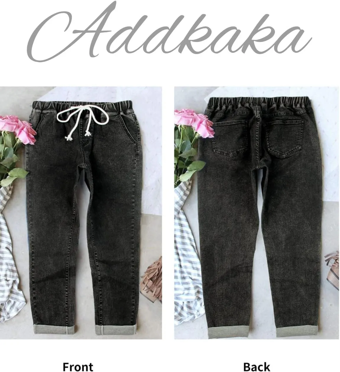 Addkaka Womens Casual Denim Jeans Pull-on Stretch Jeans Elastic Waist Jean Denim Drawstring Joggers Pants