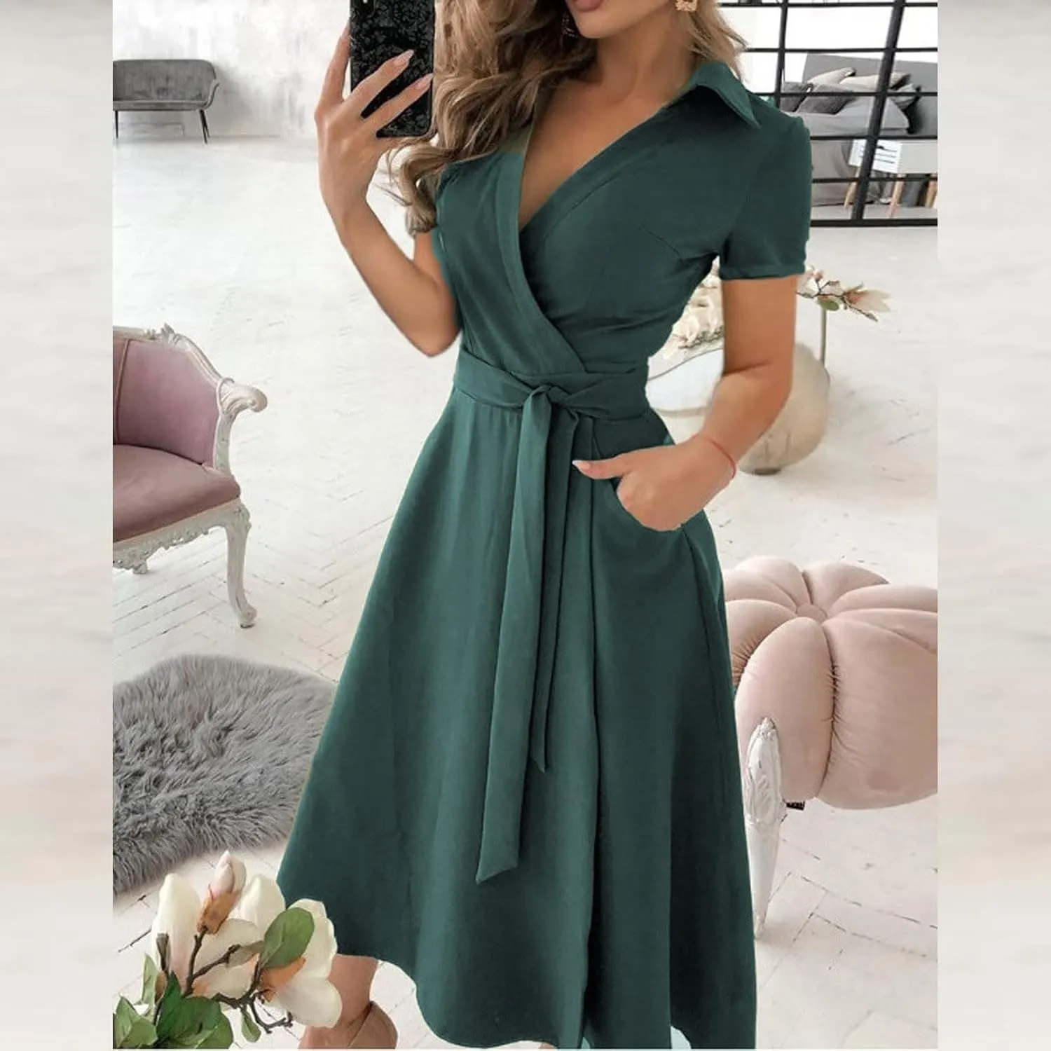 ADHOWBEW Party Dresses for Women Short Sleeve Casual V Neck Wrap Dresses Fashion Waist Tie Midi A Line Dress