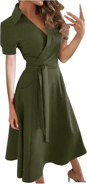 ADHOWBEW Party Dresses for Women Short Sleeve Casual V Neck Wrap Dresses Fashion Waist Tie Midi A Line Dress