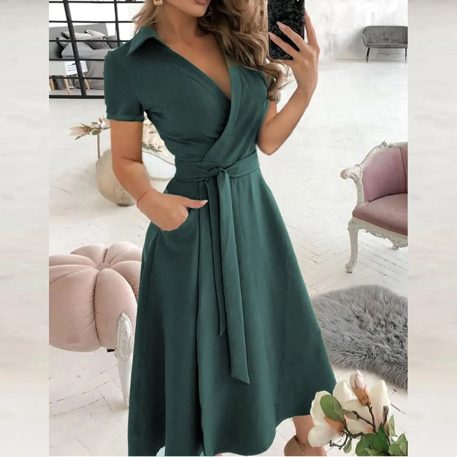 ADHOWBEW Party Dresses for Women Short Sleeve Casual V Neck Wrap Dresses Fashion Waist Tie Midi A Line Dress