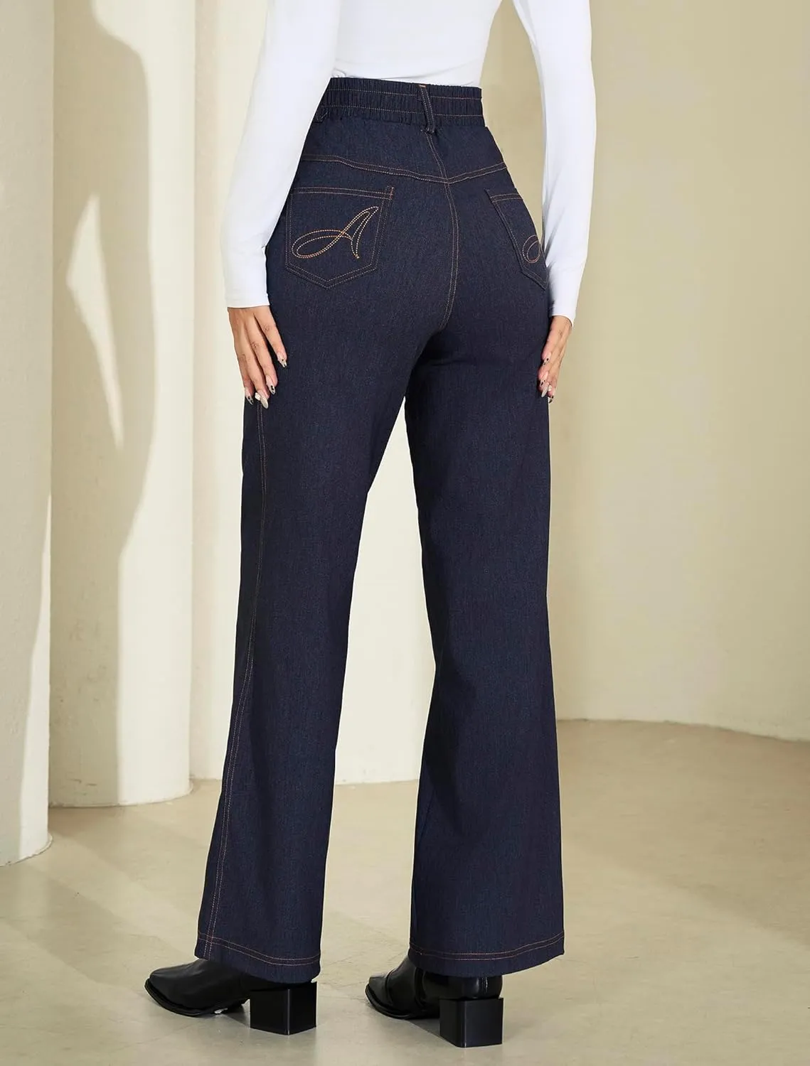 AFITNE Women's Wide Leg Jeans High Waist Pull On Jeans Trendy Loose Denim Pants with Stretchy Denim Like Material