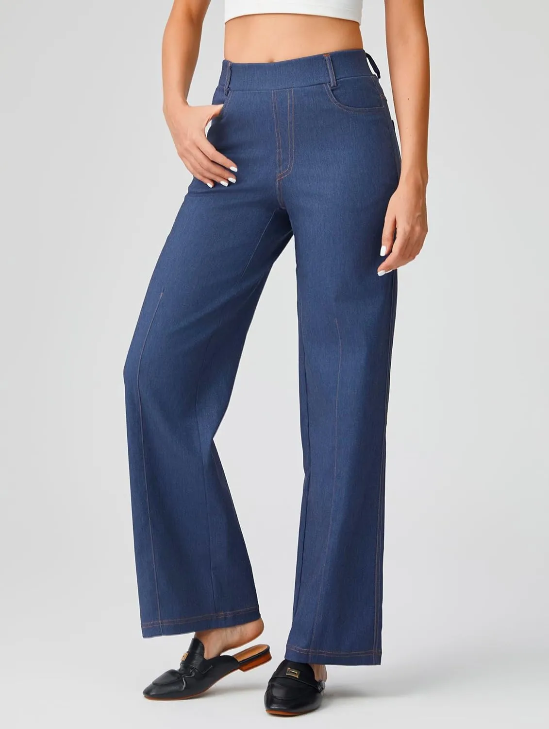 AFITNE Women's Wide Leg Jeans High Waist Pull On Jeans Trendy Loose Denim Pants with Stretchy Denim Like Material