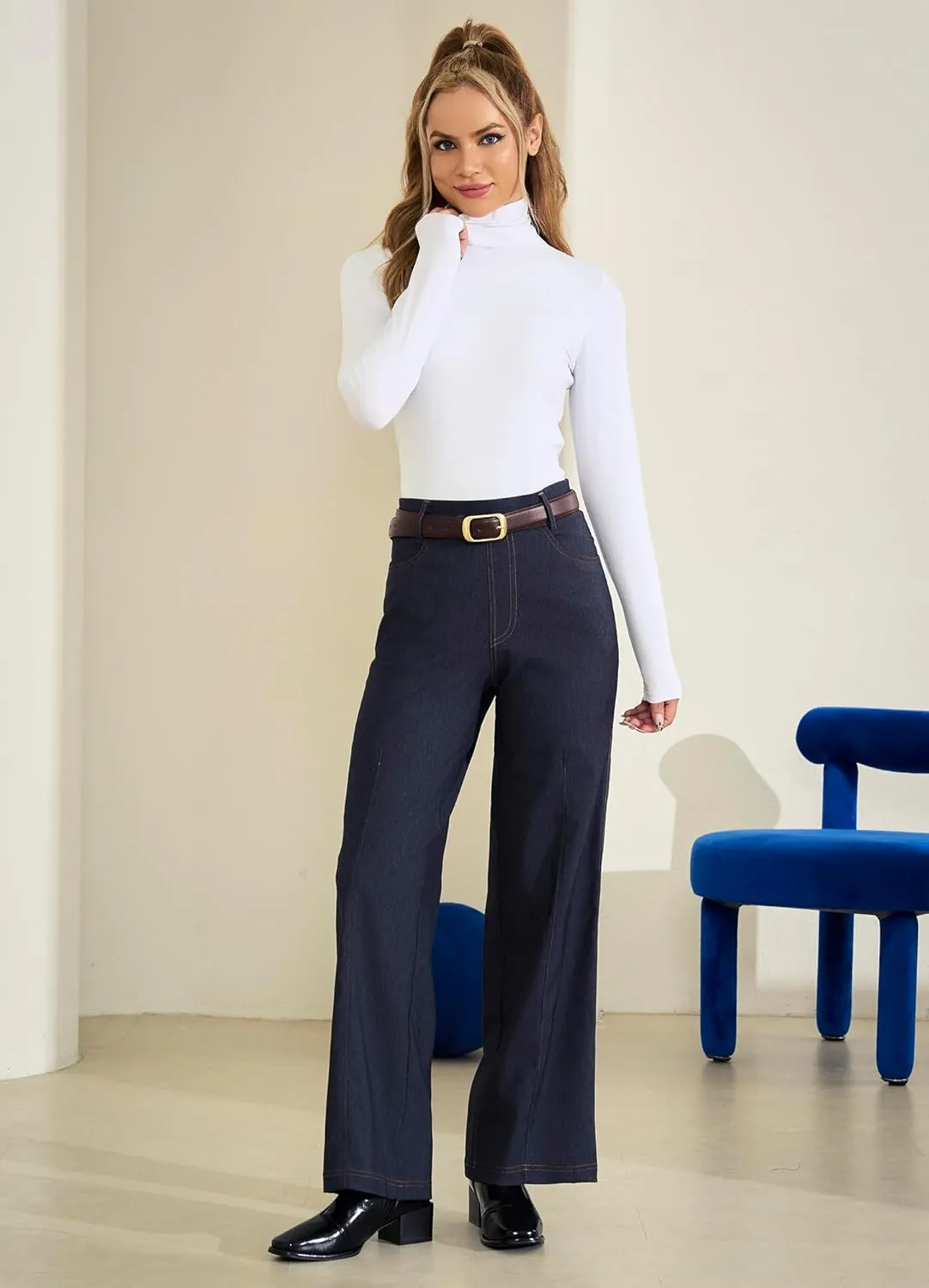AFITNE Women's Wide Leg Jeans High Waist Pull On Jeans Trendy Loose Denim Pants with Stretchy Denim Like Material