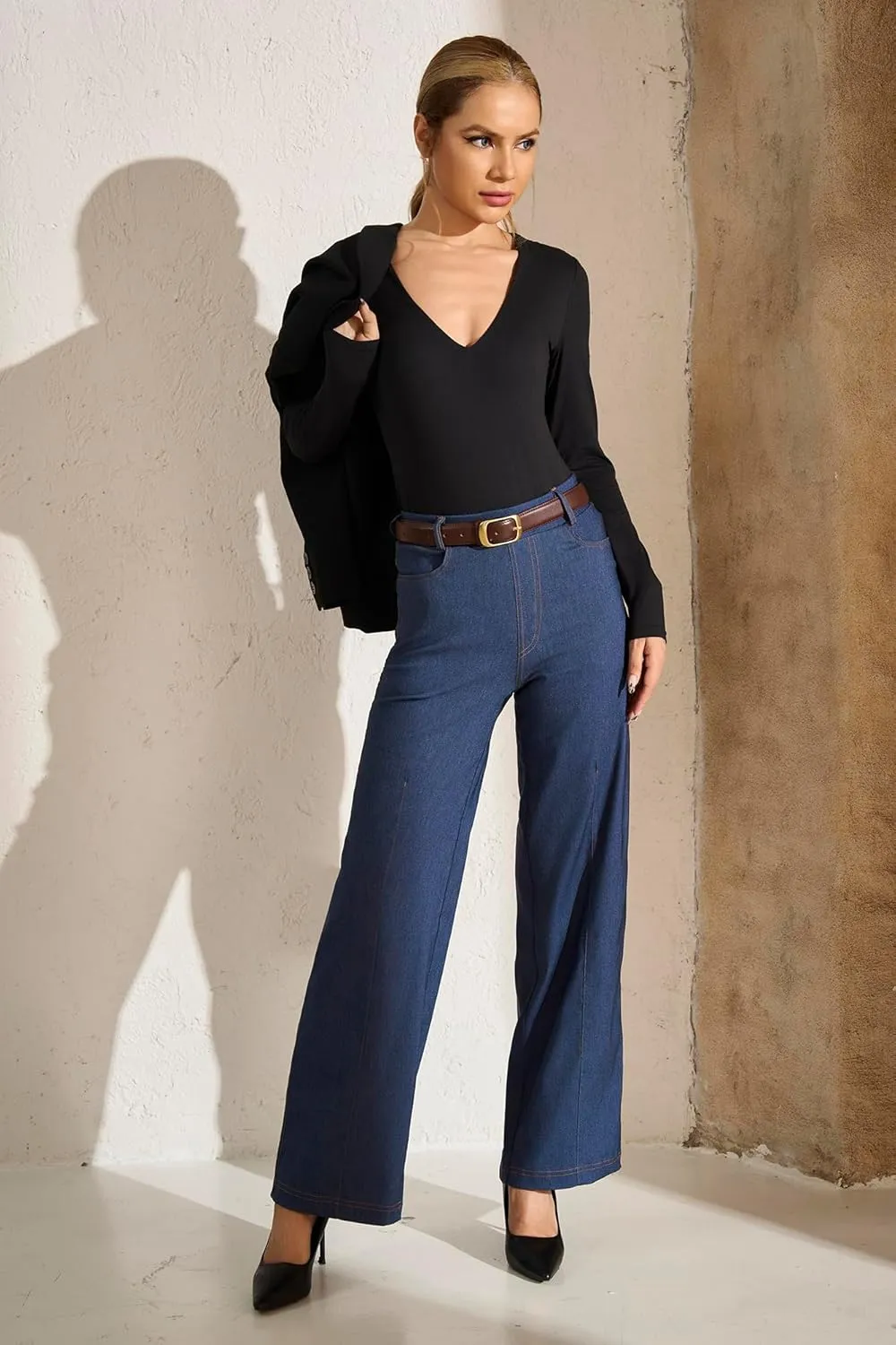 AFITNE Women's Wide Leg Jeans High Waist Pull On Jeans Trendy Loose Denim Pants with Stretchy Denim Like Material