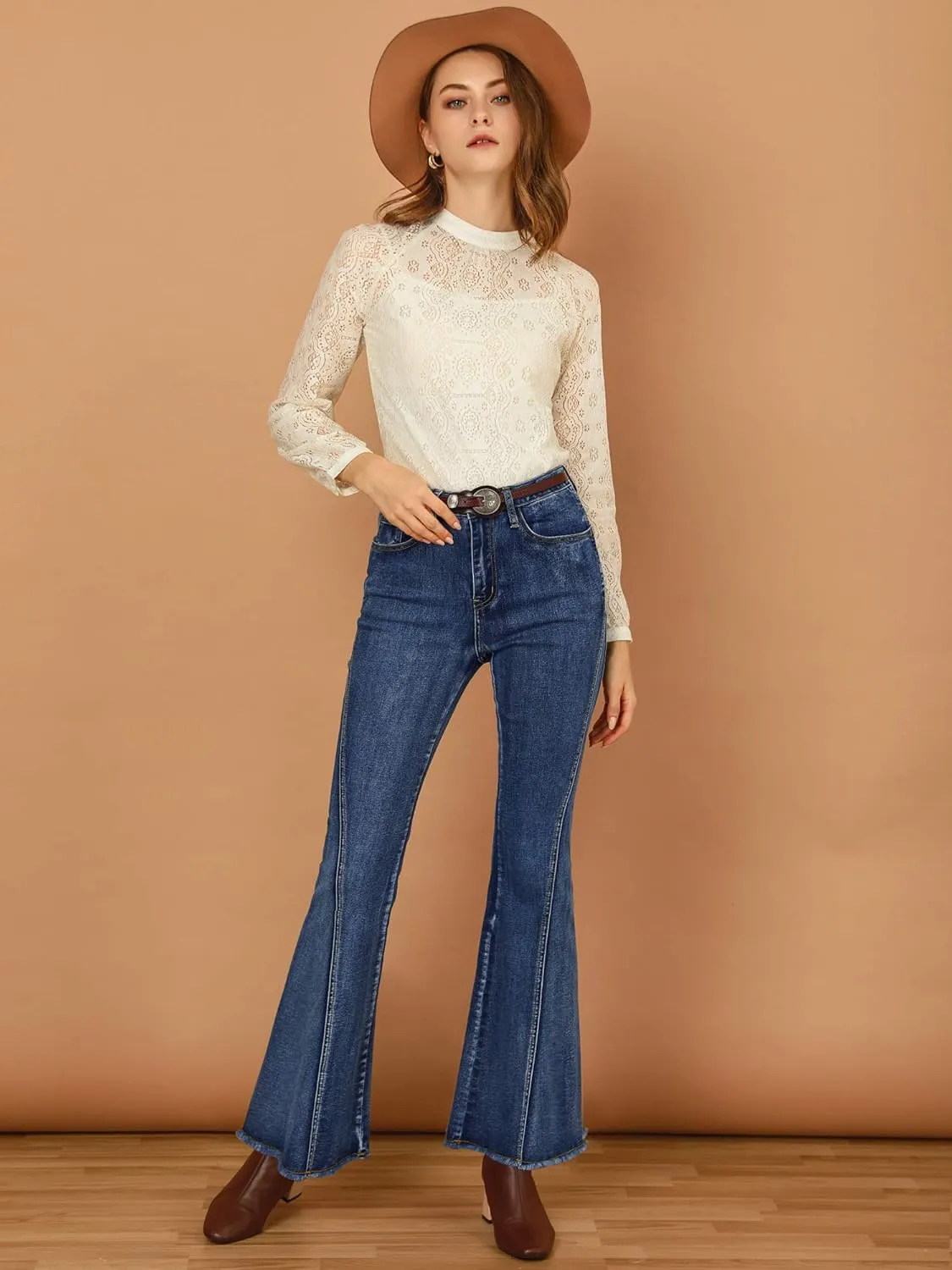 Allegra K Women's 70s Vintage Flare Jeans High Waist Stretch Denim Bell Bottoms Jeans
