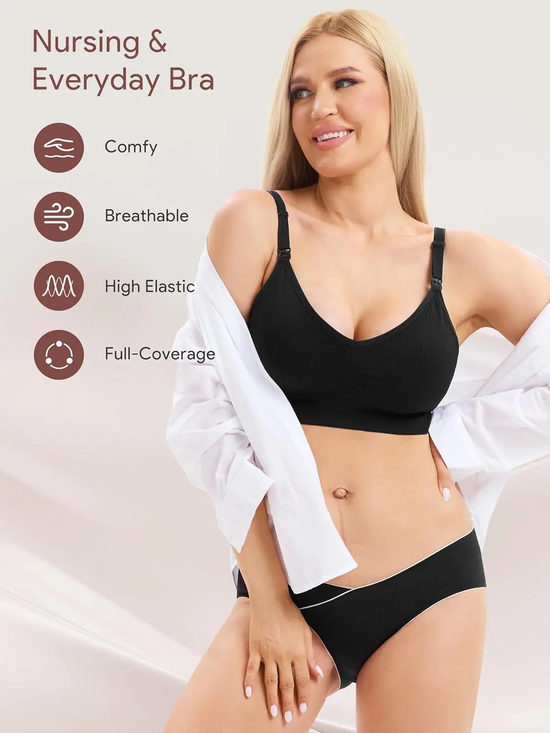 Angelhood Ribbed Nursing Bra Wireless V Neck Maternity Nursing Bra Low Cut Bralette Sleeping Breastfeeding with Extenders