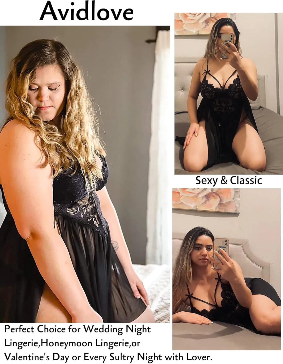 Avidlove Plus Size Lingerie Lace Babydoll Womens Strap Chemise Nightgown V Neck Nighty Mesh Sleepwear Side Slit Nightdress
