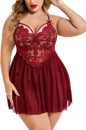 Avidlove Plus Size Lingerie Lace Babydoll Womens Strap Chemise Nightgown V Neck Nighty Mesh Sleepwear Side Slit Nightdress