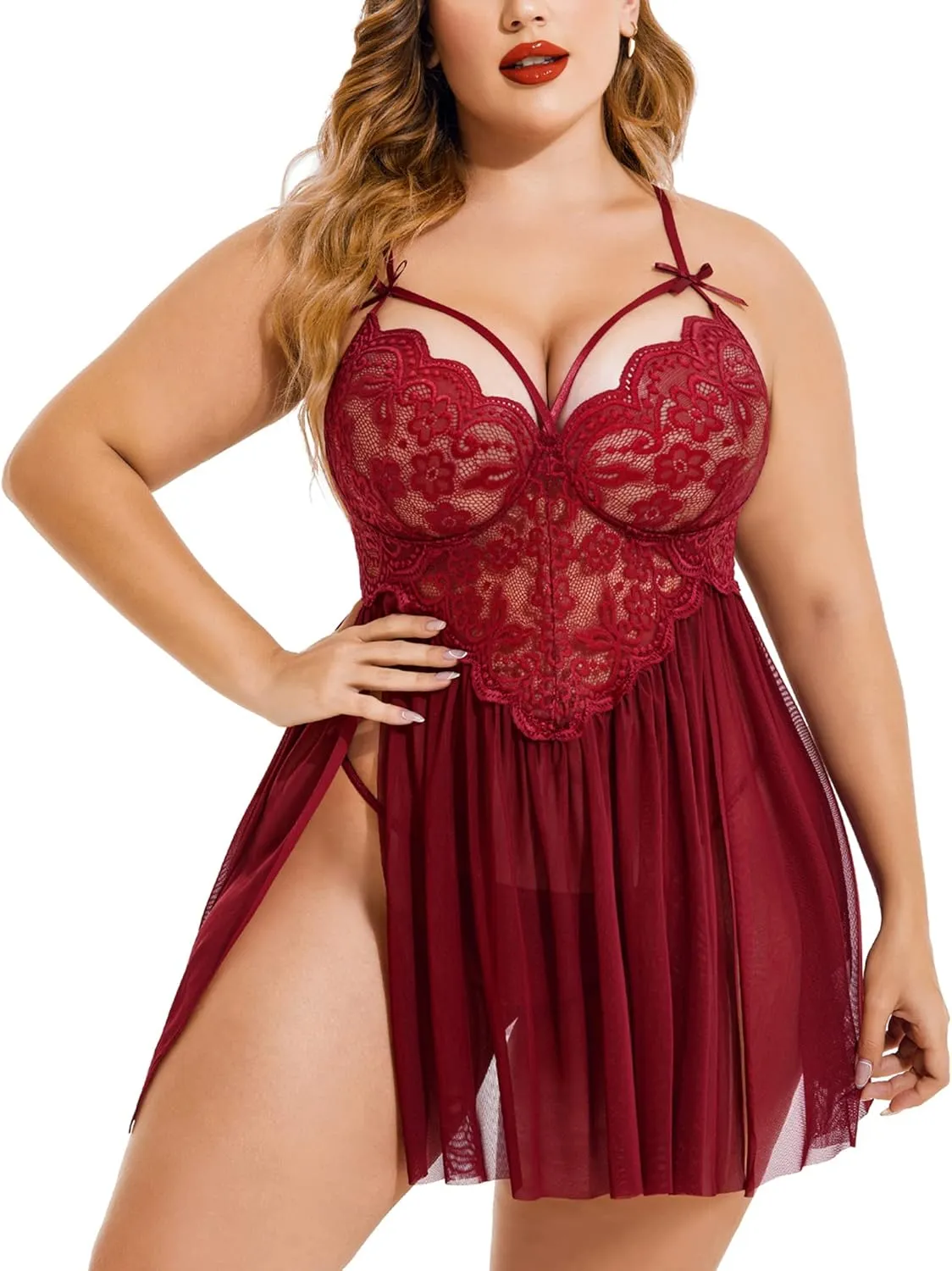 Avidlove Plus Size Lingerie Lace Babydoll Womens Strap Chemise Nightgown V Neck Nighty Mesh Sleepwear Side Slit Nightdress