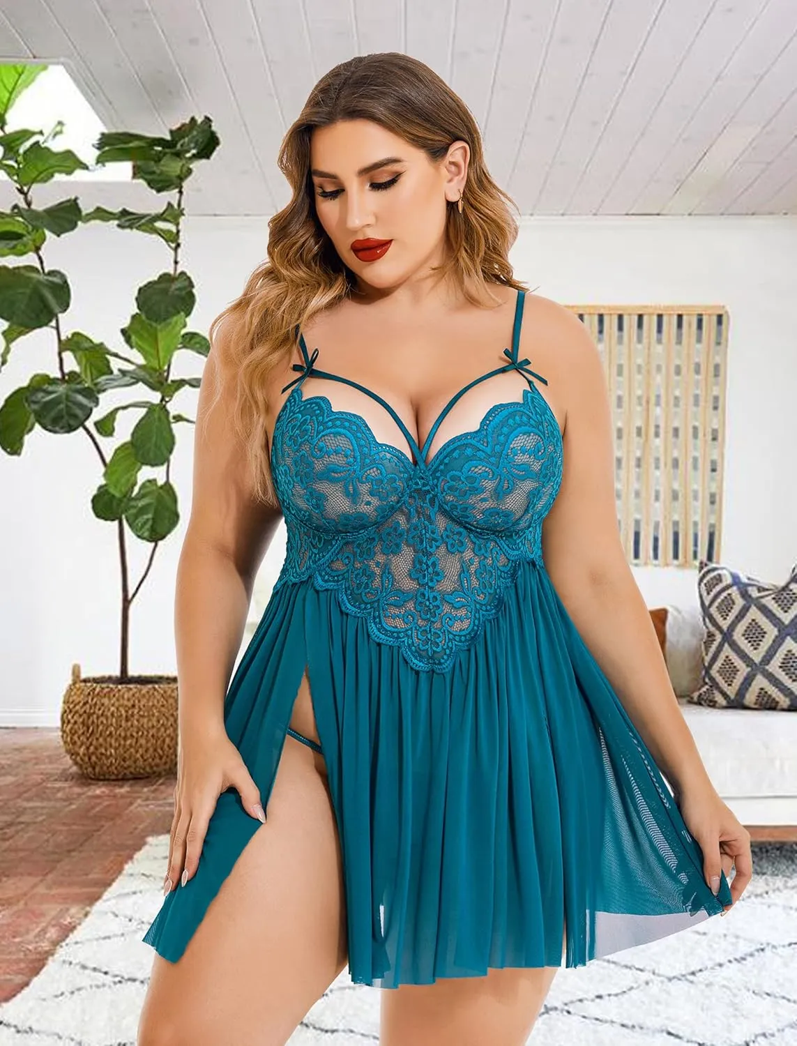 Avidlove Plus Size Lingerie Lace Babydoll Womens Strap Chemise Nightgown V Neck Nighty Mesh Sleepwear Side Slit Nightdress