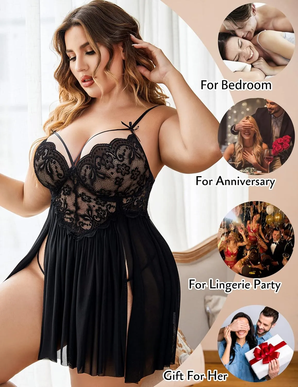 Avidlove Plus Size Lingerie Lace Babydoll Womens Strap Chemise Nightgown V Neck Nighty Mesh Sleepwear Side Slit Nightdress