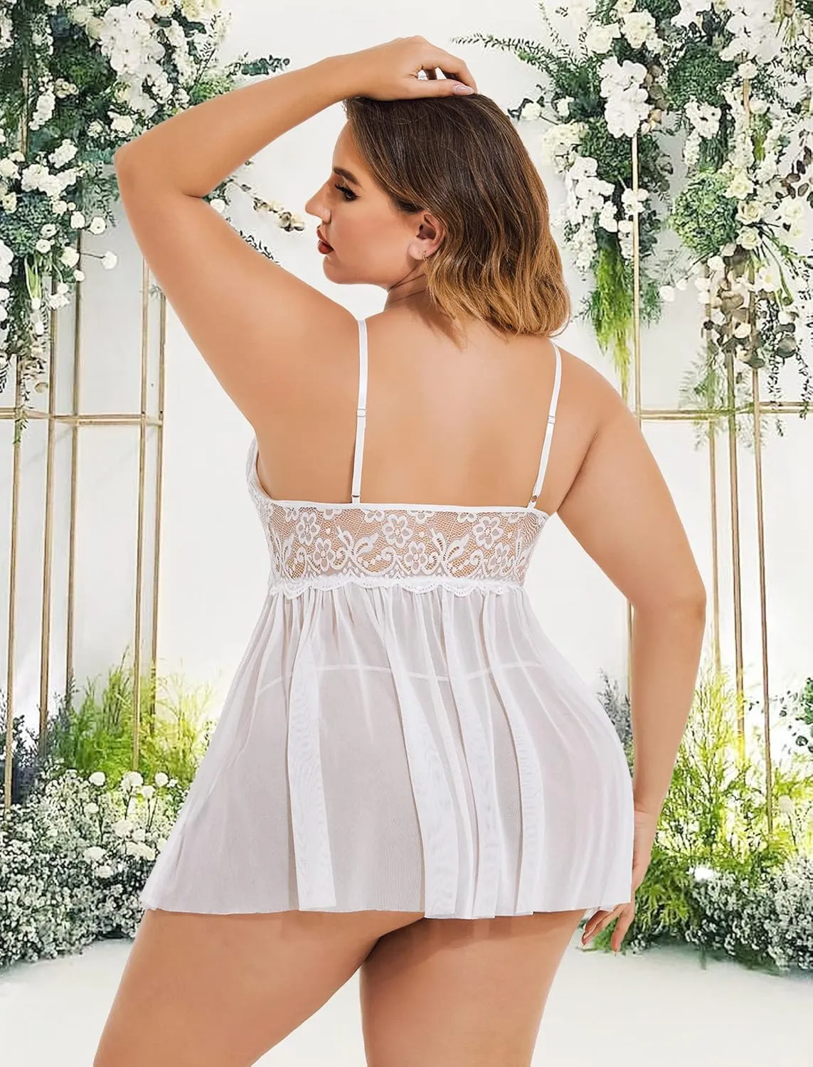 Avidlove Plus Size Lingerie Lace Babydoll Womens Strap Chemise Nightgown V Neck Nighty Mesh Sleepwear Side Slit Nightdress