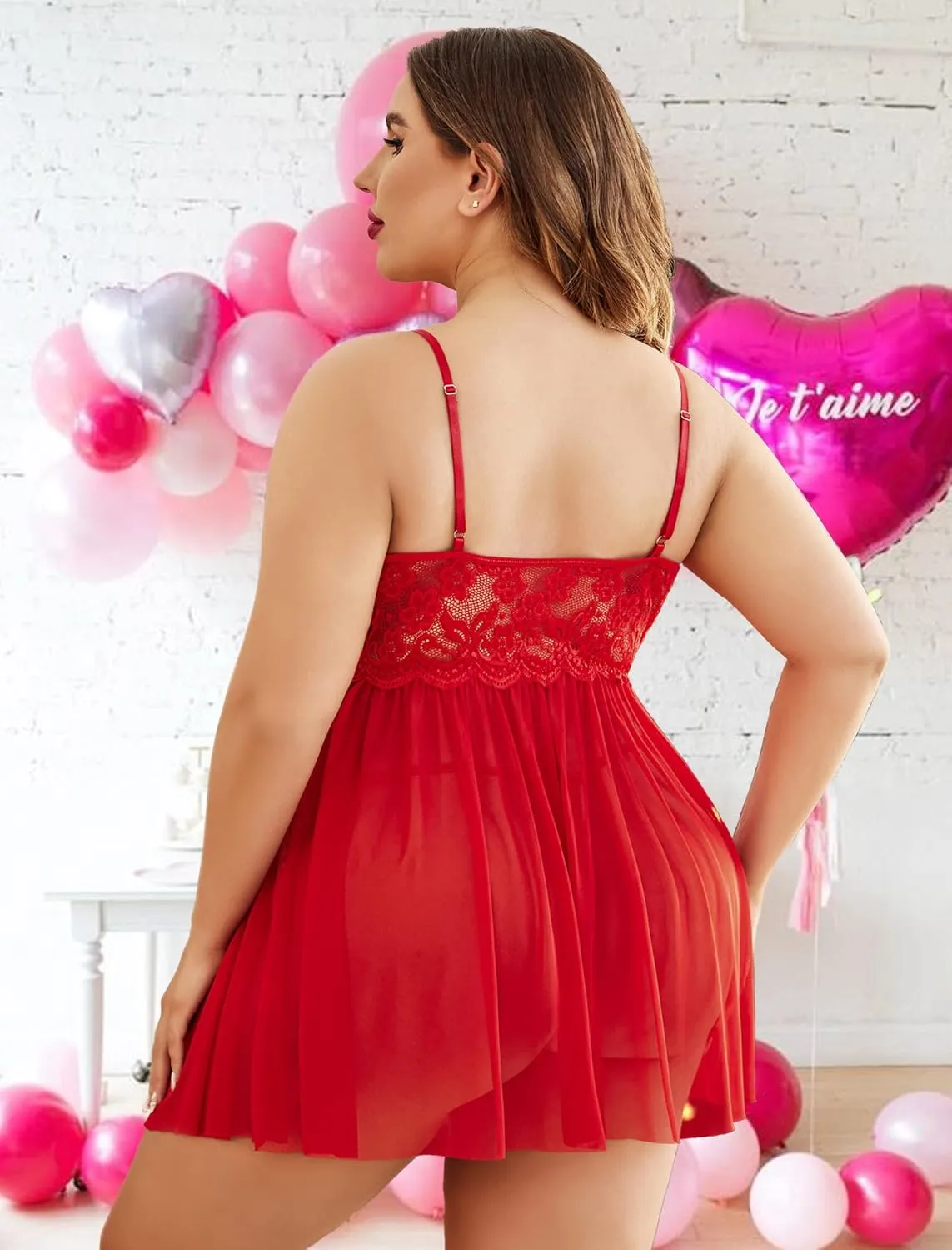 Avidlove Plus Size Lingerie Lace Babydoll Womens Strap Chemise Nightgown V Neck Nighty Mesh Sleepwear Side Slit Nightdress