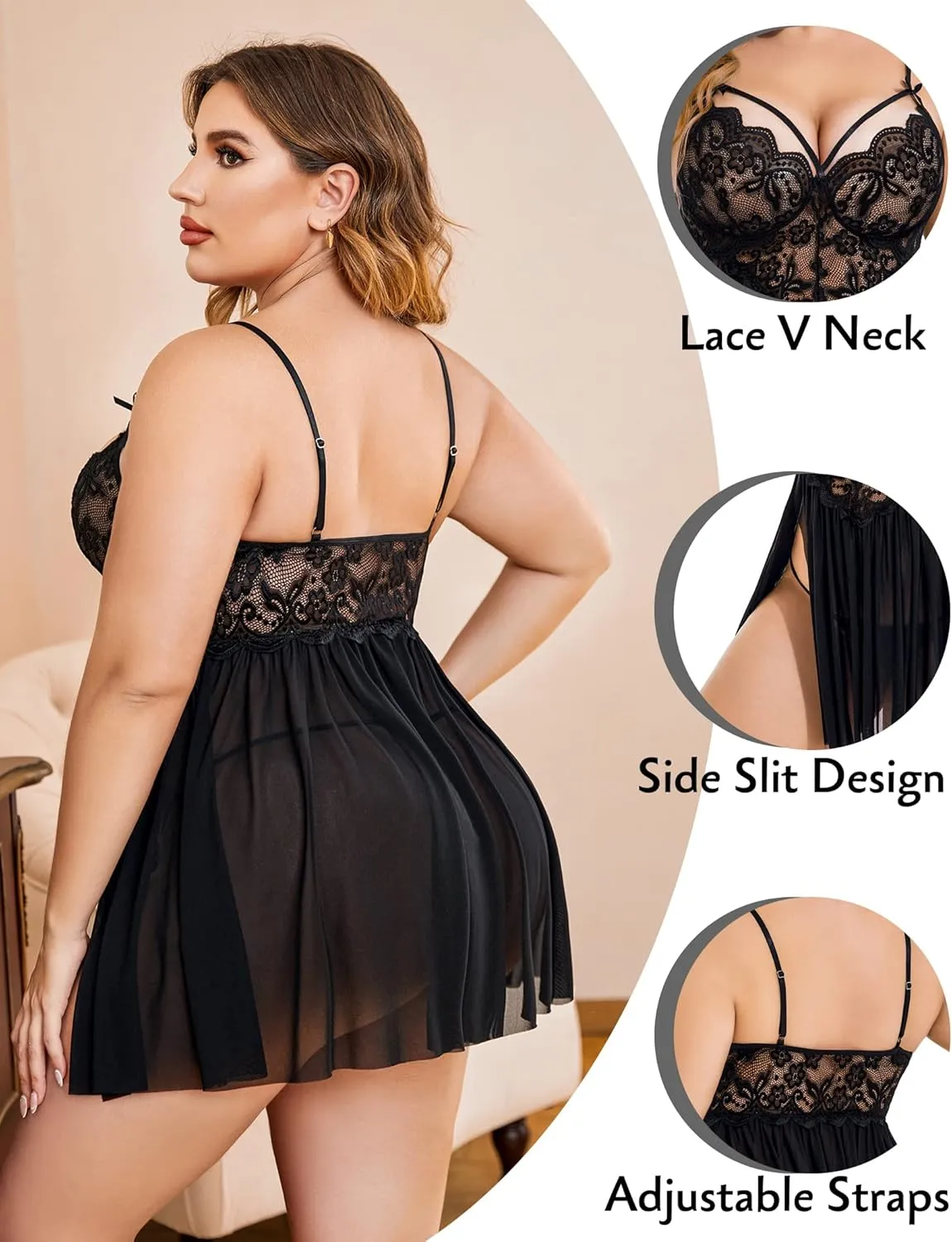 Avidlove Plus Size Lingerie Lace Babydoll Womens Strap Chemise Nightgown V Neck Nighty Mesh Sleepwear Side Slit Nightdress