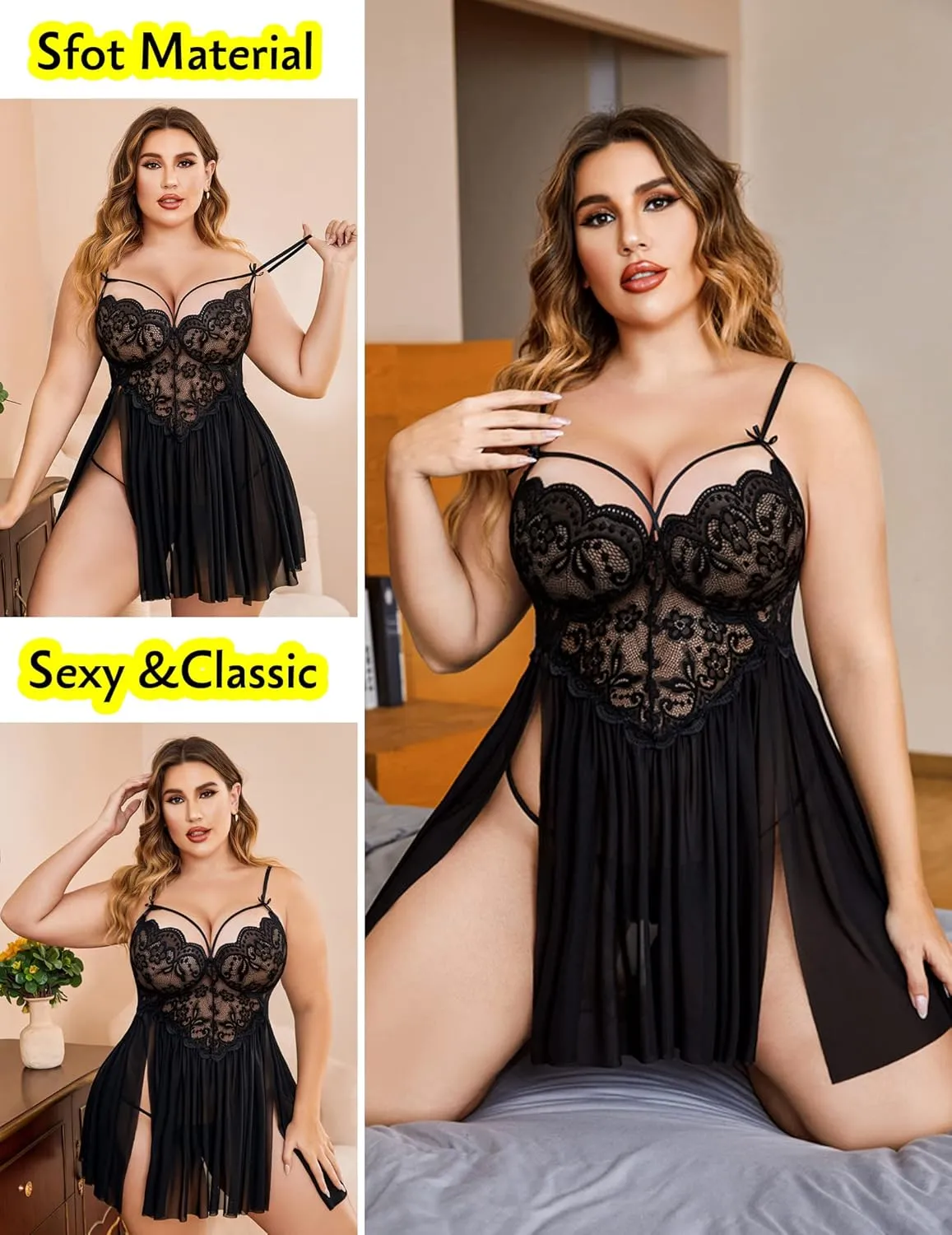 Avidlove Plus Size Lingerie Lace Babydoll Womens Strap Chemise Nightgown V Neck Nighty Mesh Sleepwear Side Slit Nightdress