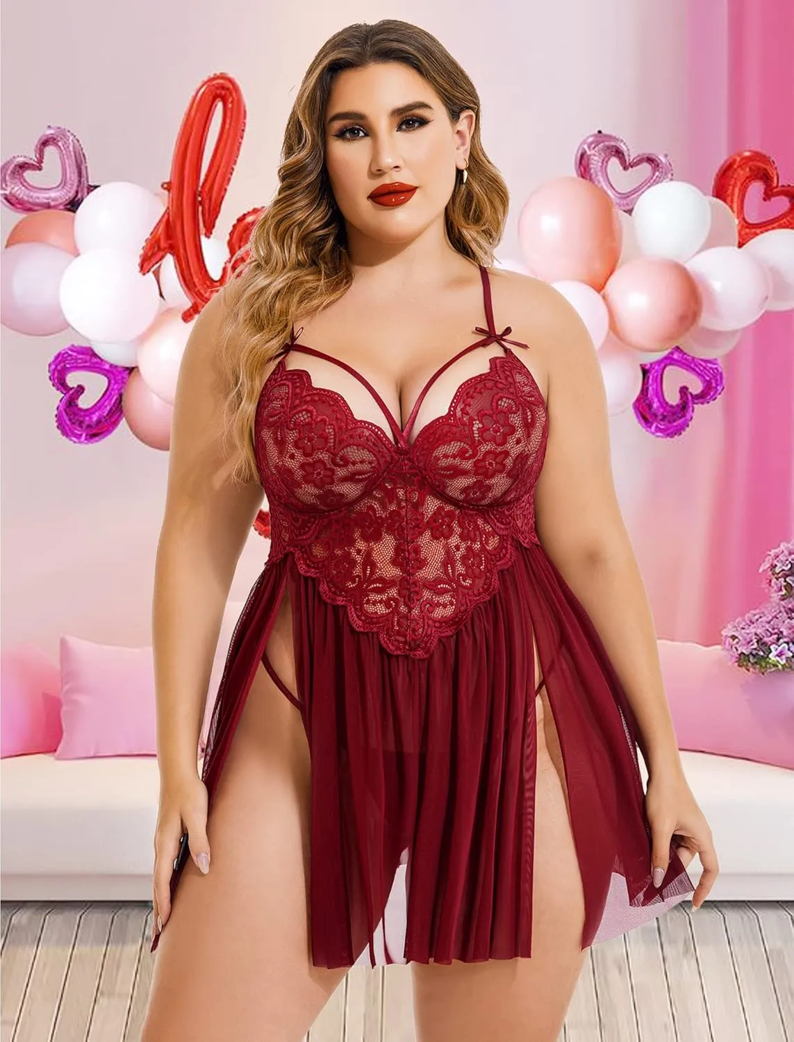 Avidlove Plus Size Lingerie Lace Babydoll Womens Strap Chemise Nightgown V Neck Nighty Mesh Sleepwear Side Slit Nightdress
