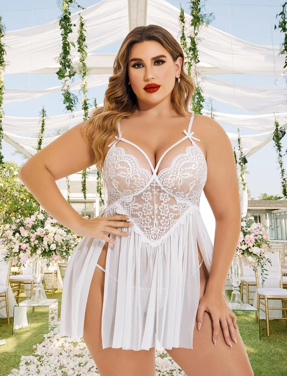 Avidlove Plus Size Lingerie Lace Babydoll Womens Strap Chemise Nightgown V Neck Nighty Mesh Sleepwear Side Slit Nightdress