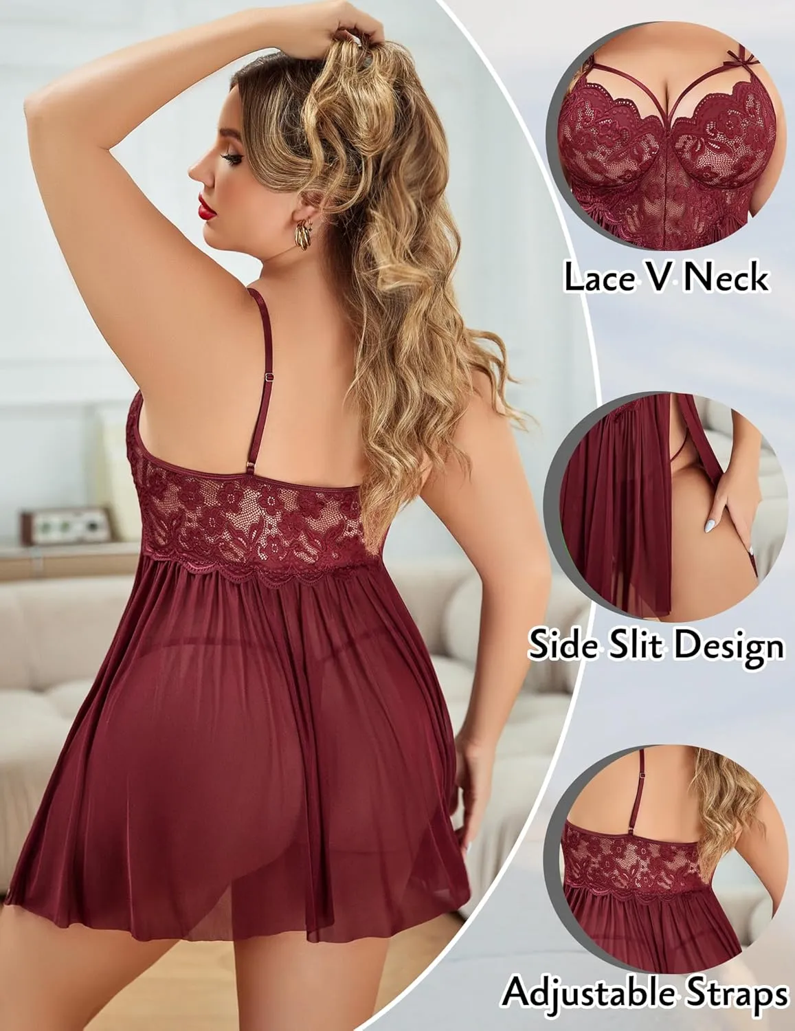 Avidlove Plus Size Lingerie Lace Babydoll Womens Strap Chemise Nightgown V Neck Nighty Mesh Sleepwear Side Slit Nightdress