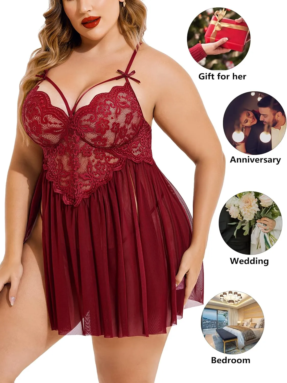 Avidlove Plus Size Lingerie Lace Babydoll Womens Strap Chemise Nightgown V Neck Nighty Mesh Sleepwear Side Slit Nightdress