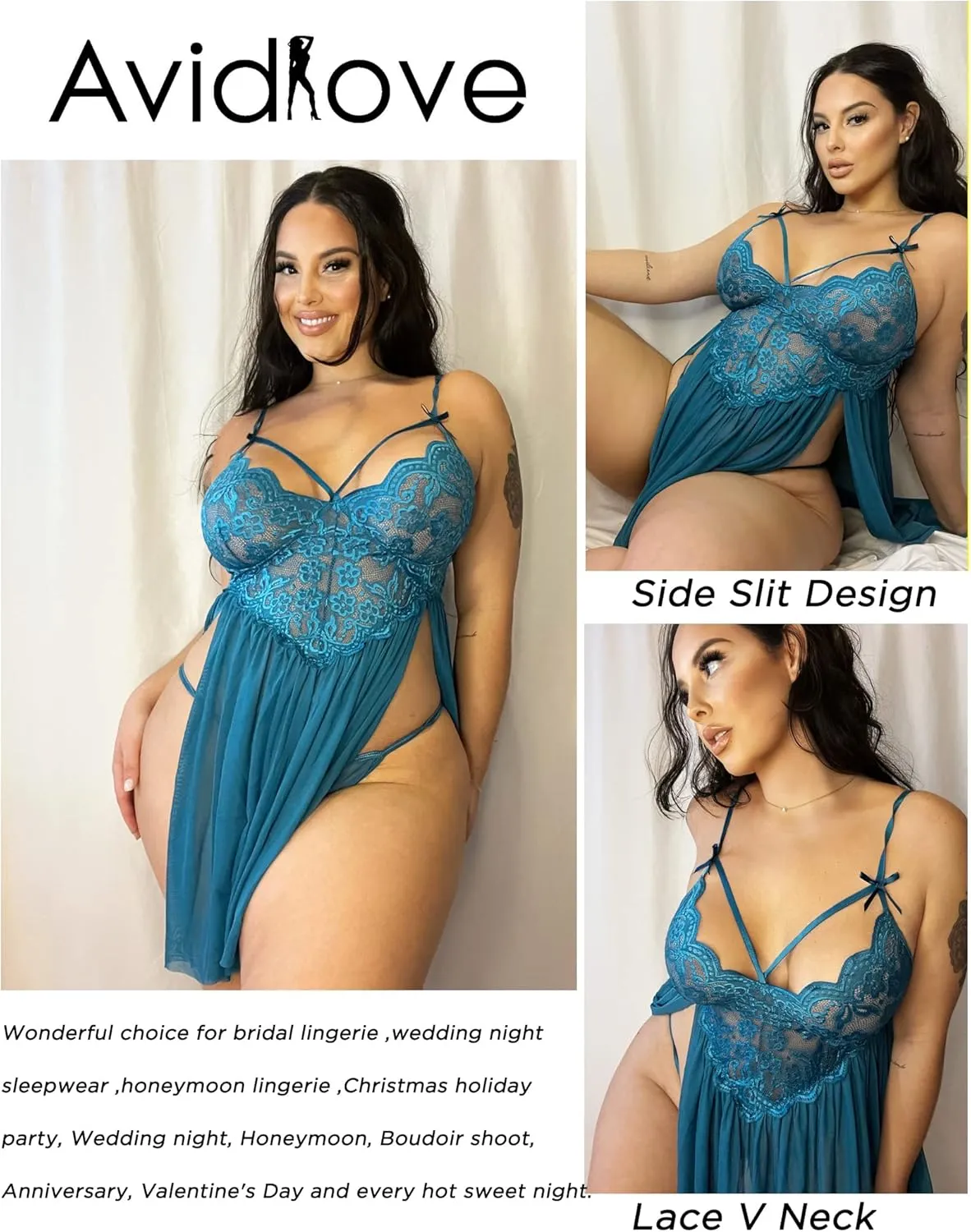 Avidlove Plus Size Lingerie Lace Babydoll Womens Strap Chemise Nightgown V Neck Nighty Mesh Sleepwear Side Slit Nightdress