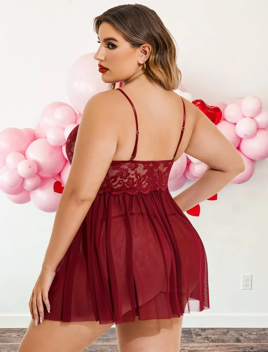 Avidlove Plus Size Lingerie Lace Babydoll Womens Strap Chemise Nightgown V Neck Nighty Mesh Sleepwear Side Slit Nightdress