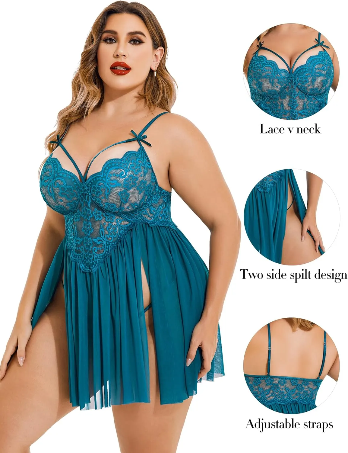Avidlove Plus Size Lingerie Lace Babydoll Womens Strap Chemise Nightgown V Neck Nighty Mesh Sleepwear Side Slit Nightdress