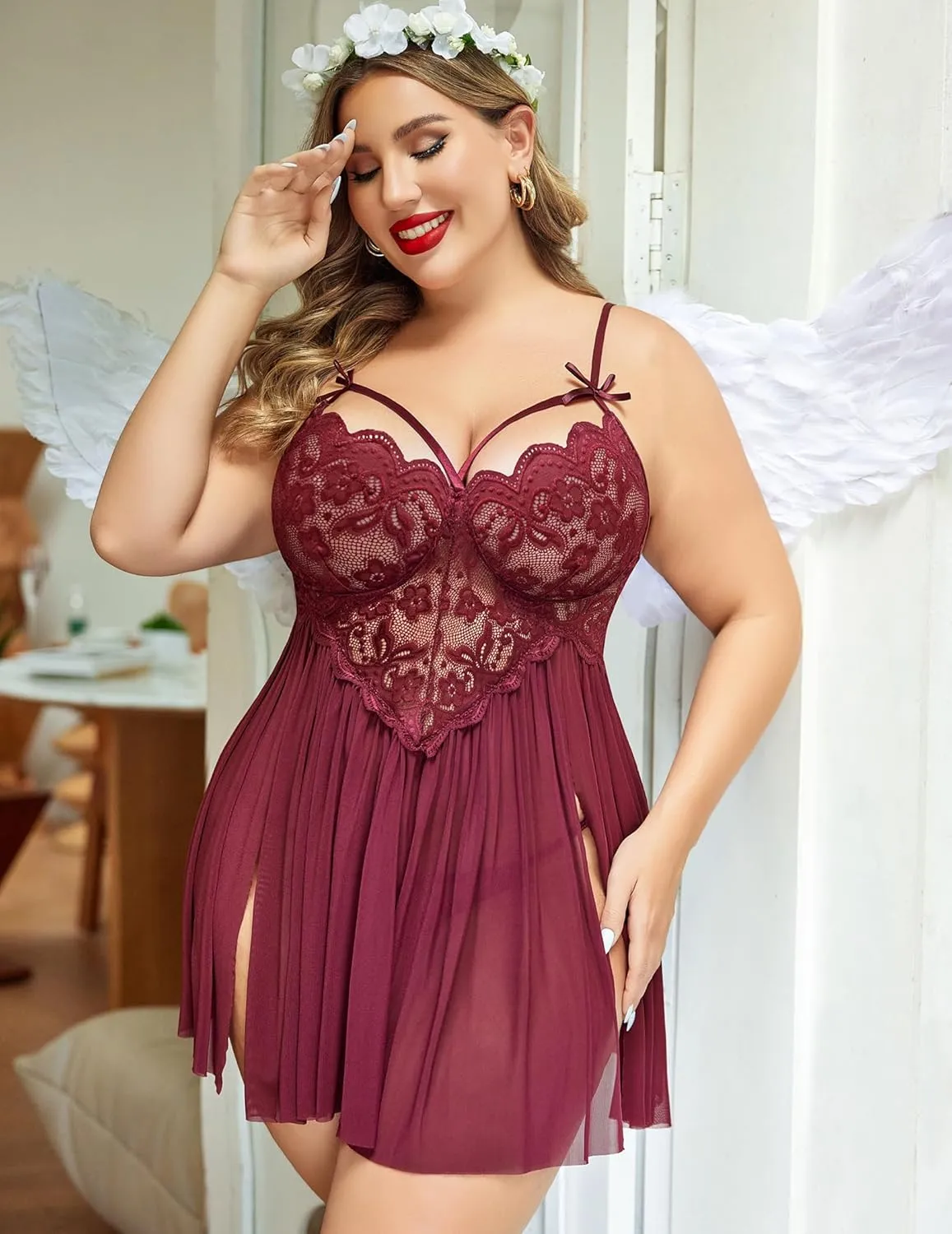 Avidlove Plus Size Lingerie Lace Babydoll Womens Strap Chemise Nightgown V Neck Nighty Mesh Sleepwear Side Slit Nightdress
