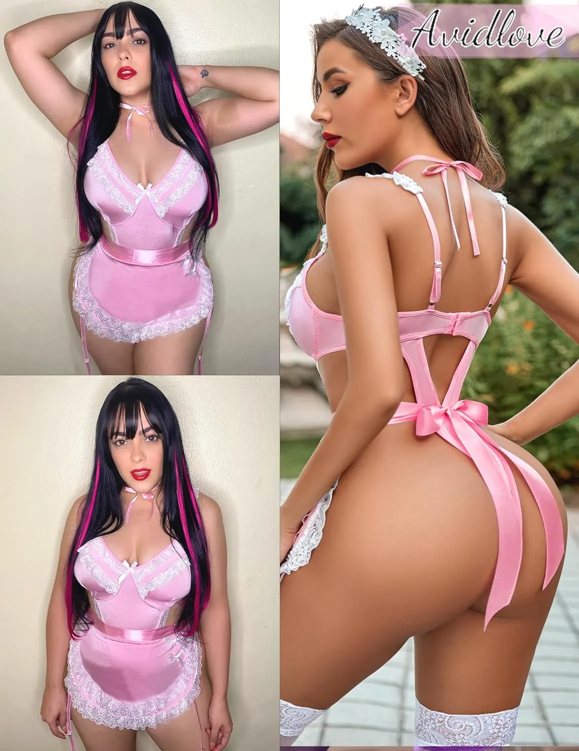 Avidlove Womens Lingerie Sets Lace V Neck Teddy Babydoll 3 Pack Lingerie Costumes Sleepwear Dress S-XXL
