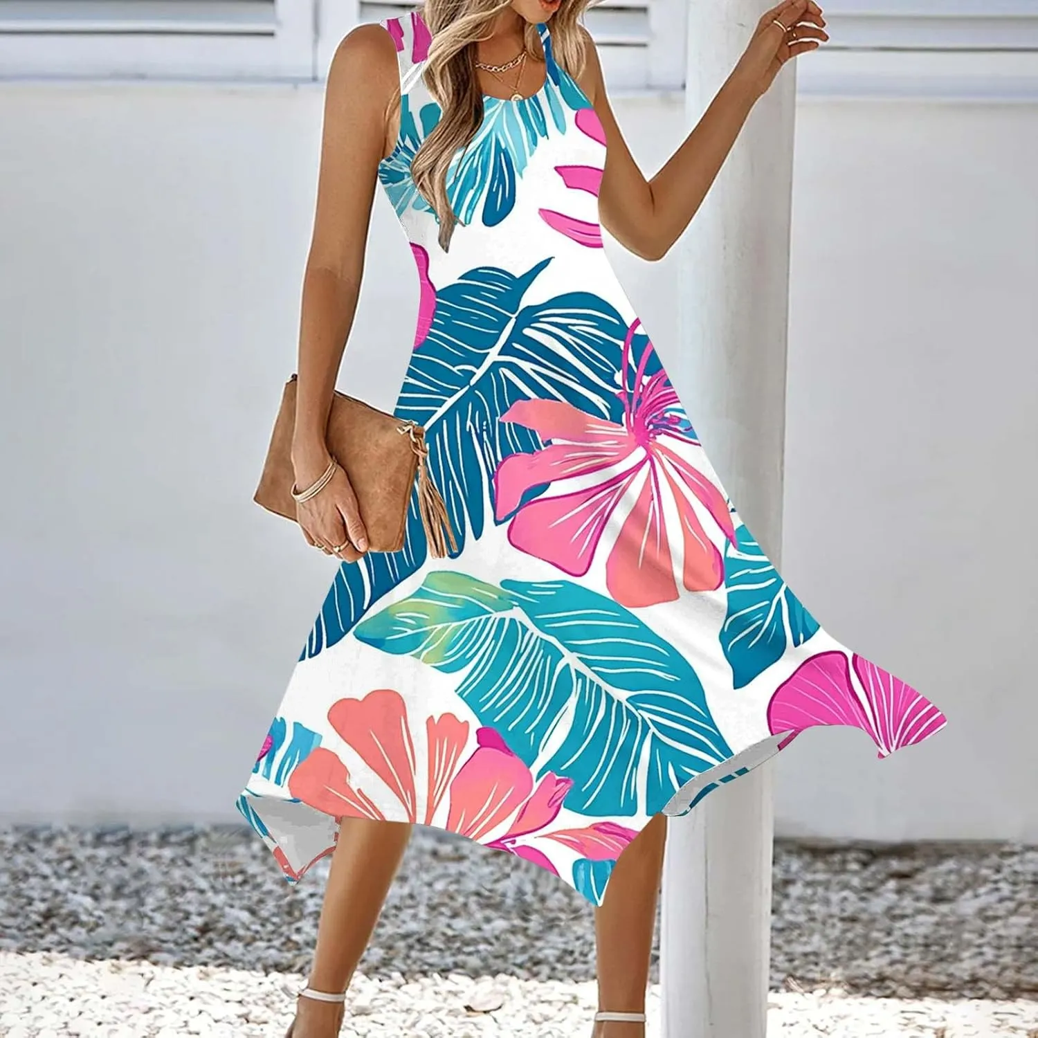 Beach Dresses for Women 2025 Vacation Swing Boho Floral Sundress Flowy Sleeveless Tank Casual Midi Dress Fashion