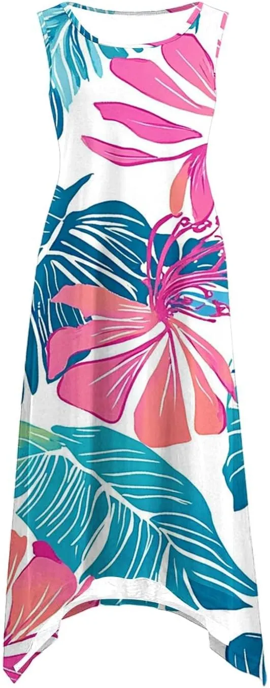 Beach Dresses for Women 2025 Vacation Swing Boho Floral Sundress Flowy Sleeveless Tank Casual Midi Dress Fashion