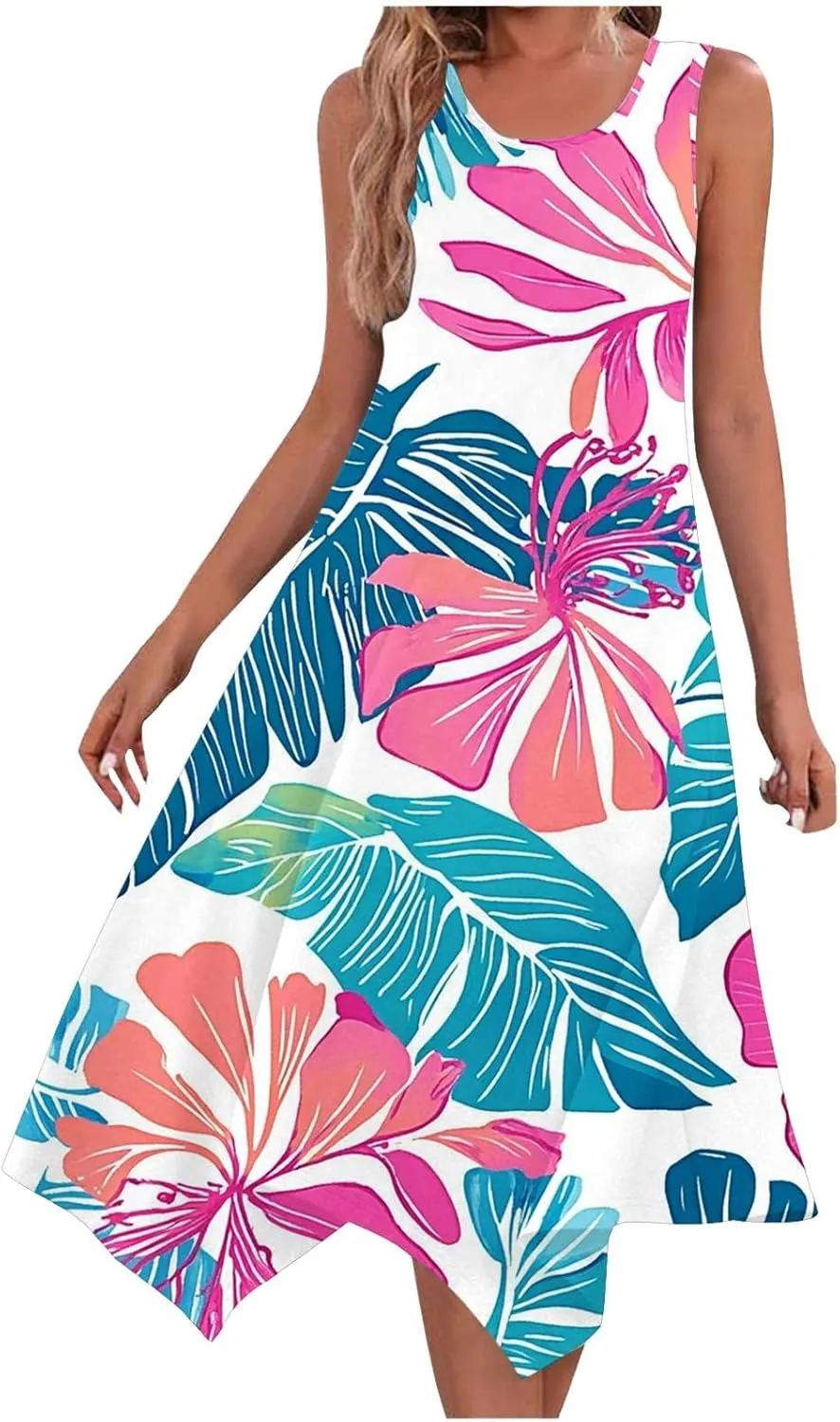 Beach Dresses for Women 2025 Vacation Swing Boho Floral Sundress Flowy Sleeveless Tank Casual Midi Dress Fashion