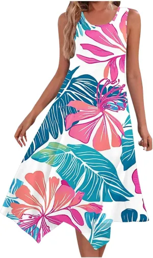 Beach Dresses for Women 2025 Vacation Swing Boho Floral Sundress Flowy Sleeveless Tank Casual Midi Dress Fashion