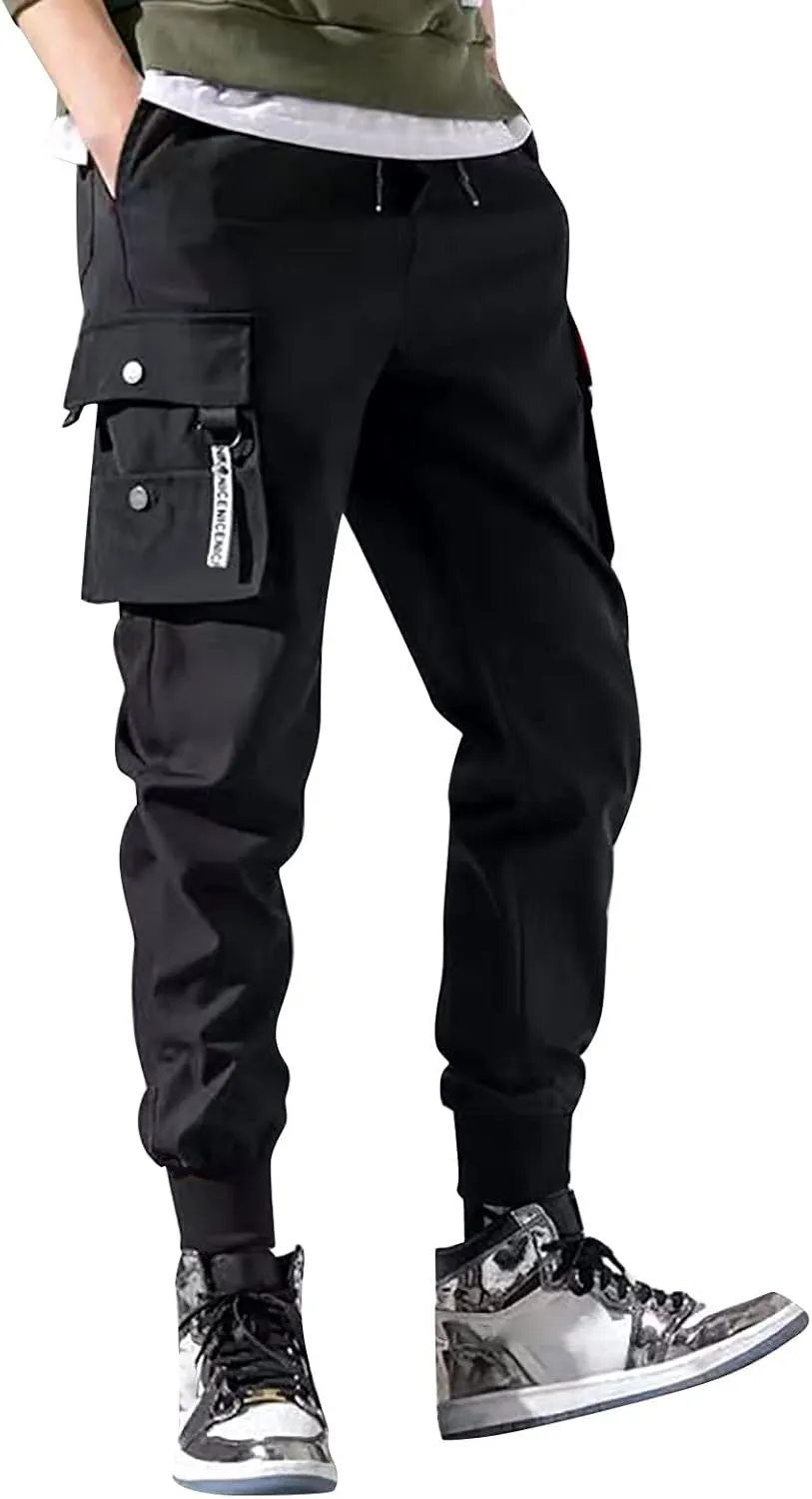BIFUTON Cargo Pants Men Streetwear Joggers Pants Elastic Waist Hiking Pants Drawstring Cargo Sweatpants with Multi Pockets