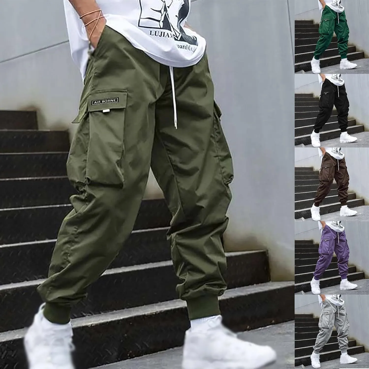 BIFUTON Cargo Pants Men Streetwear Joggers Pants Elastic Waist Hiking Pants Drawstring Cargo Sweatpants with Multi Pockets