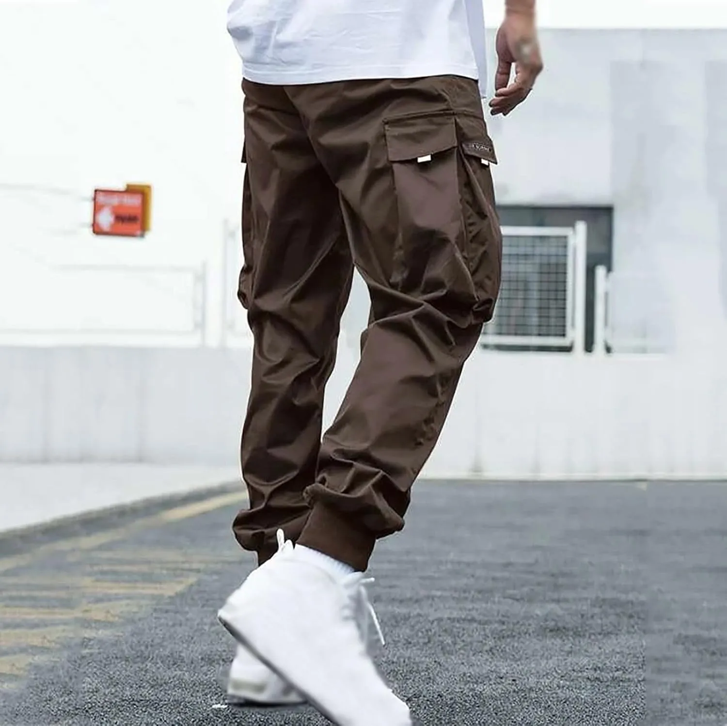 BIFUTON Cargo Pants Men Streetwear Joggers Pants Elastic Waist Hiking Pants Drawstring Cargo Sweatpants with Multi Pockets