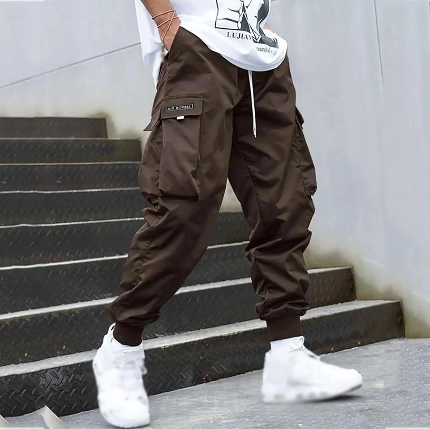 BIFUTON Cargo Pants Men Streetwear Joggers Pants Elastic Waist Hiking Pants Drawstring Cargo Sweatpants with Multi Pockets