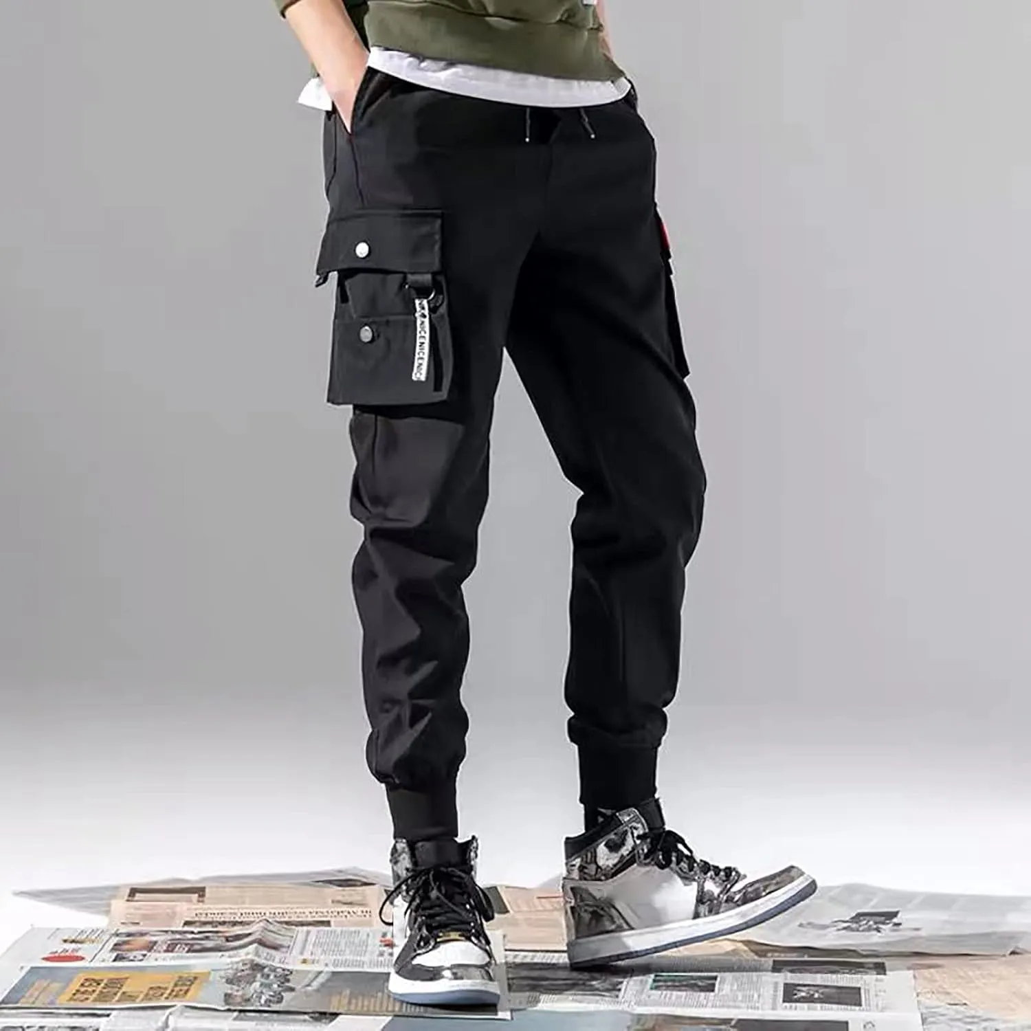BIFUTON Cargo Pants Men Streetwear Joggers Pants Elastic Waist Hiking Pants Drawstring Cargo Sweatpants with Multi Pockets