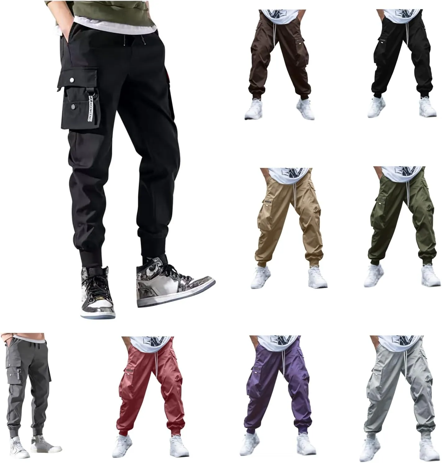BIFUTON Cargo Pants Men Streetwear Joggers Pants Elastic Waist Hiking Pants Drawstring Cargo Sweatpants with Multi Pockets