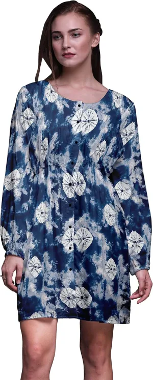 Bimba Blue Bandhani Tie-Dye Button Down Midi Shift Dress Women Shirt Summer Causal Tunic-Small