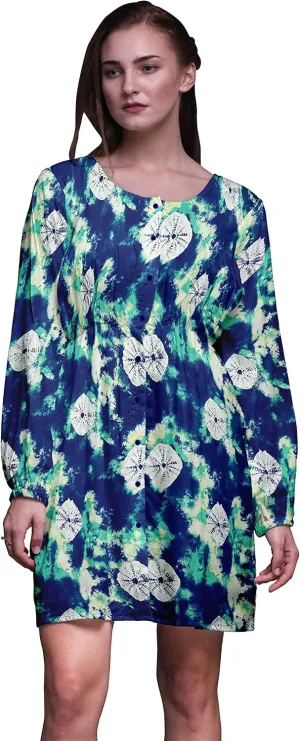 Bimba Blue Bandhani Tie-Dye Button Down Midi Shift Dress Women Shirt Summer Causal Tunic-X-Small
