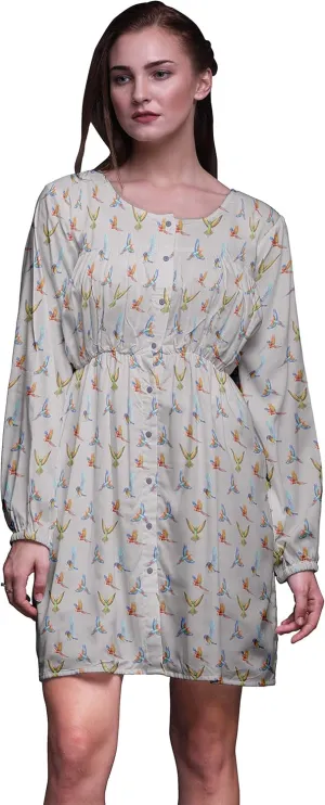 Bimba Gray Macaw Parrot Bird Button Down Midi Shift Dress Women Shirt Summer Causal Tunic-XXX-Large