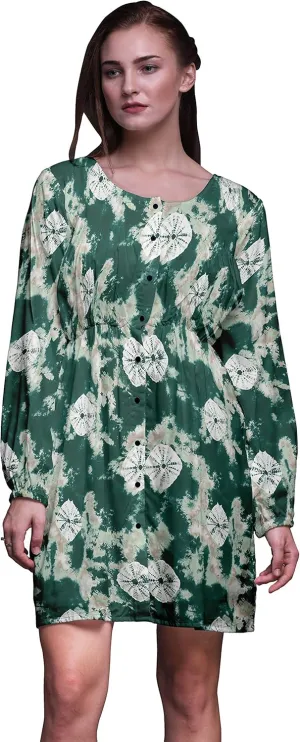 Bimba Green Bandhani Tie-Dye Button Down Midi Shift Dress Women Shirt Summer Causal Tunic-Medium