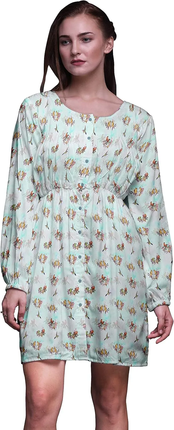 Bimba Green Branch & Humming Bird Button Down Midi Shift Dress Women Shirt Summer Causal Tunic-Large