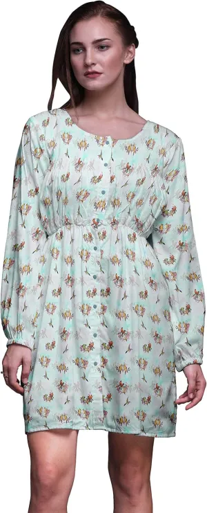 Bimba Green Branch & Humming Bird Button Down Midi Shift Dress Women Shirt Summer Causal Tunic-Large