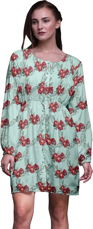 Bimba Green Leaves & Peony Floral Button Down Midi Shift Dress Women Shirt Summer Causal Tunic-Small