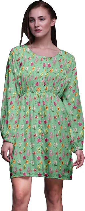 Bimba Green Lily & Lotus Floral Button Down Midi Shift Dress Women Shirt Summer Causal Tunic-XXX-Large
