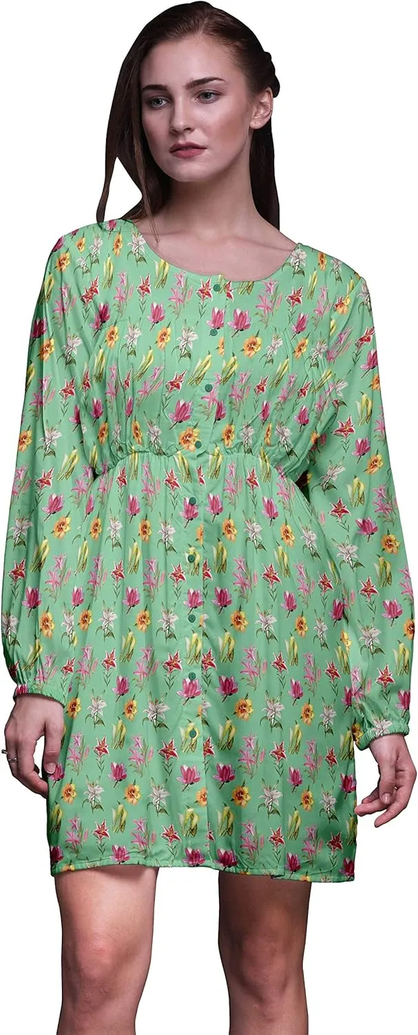 Bimba Green Lily & Lotus Floral Button Down Midi Shift Dress Women Shirt Summer Causal Tunic-XXX-Large