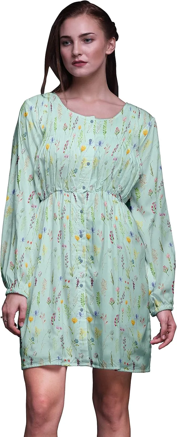 Bimba Green Ranunculus & Sweetpea Leaves Button Down Midi Shift Dress Women Shirt Summer Causal Tunic-Medium