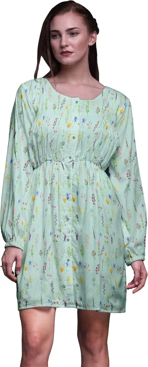 Bimba Green Ranunculus & Sweetpea Leaves Button Down Midi Shift Dress Women Shirt Summer Causal Tunic-Medium