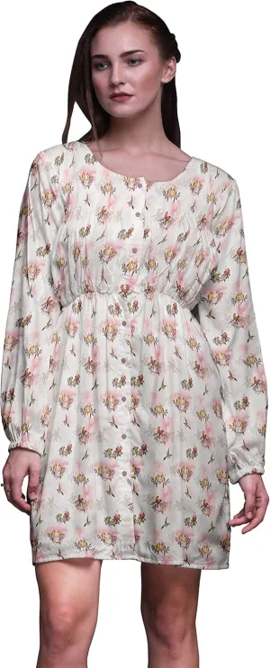 Bimba Pink Branch & Humming Bird Button Down Midi Shift Dress Women Shirt Summer Causal Tunic-X-Small